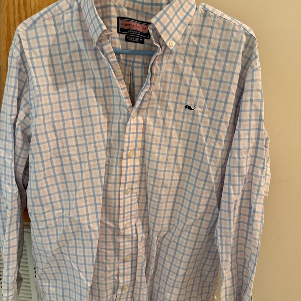 Vineyard Vines Men's Light Pink and Blue Check Shirt